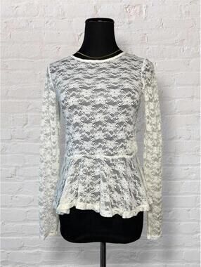 White Floral Lace Peplum Sheer Long Sleeve Coquette Blouse 8
